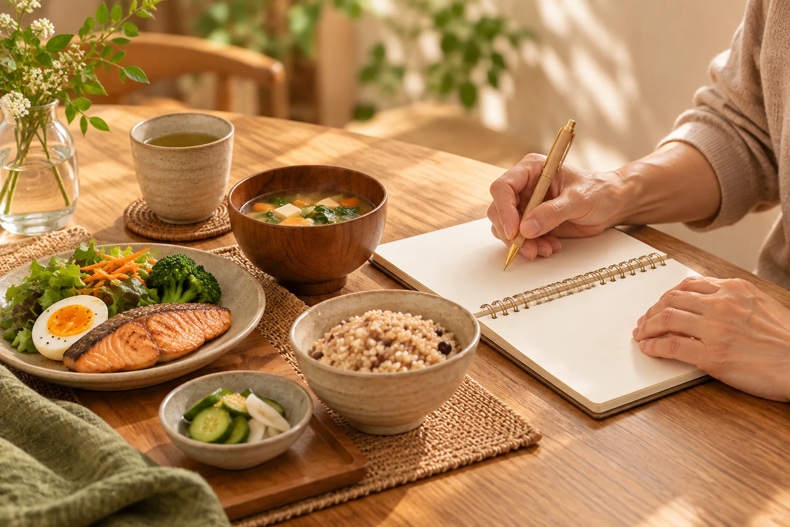 食事と手帳を前に、手元で日々の習慣を振り返るイメージ写真